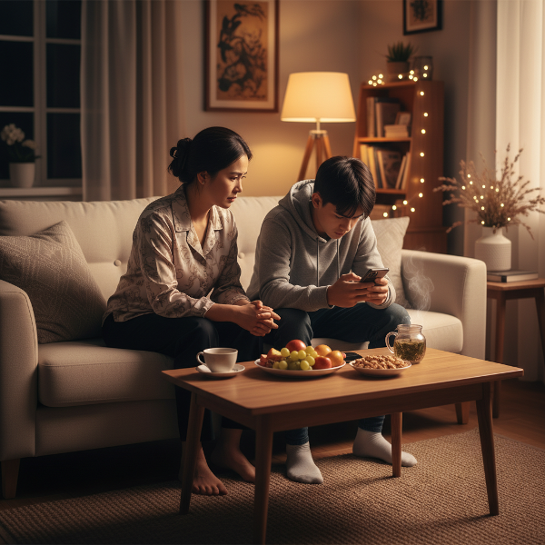 Một người mẹ trẻ Việt Nam đang trò chuyện nhẹ nhàng với cậu con trai tuổi teen trong phòng khách ấm cúng, thể hiện sự quan tâm và thấu hiểu.