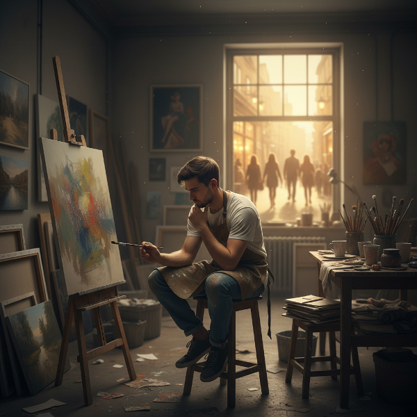 Một họa sĩ trẻ trong xưởng vẽ, đối mặt với sự cô đơn nhưng có ánh sáng hy vọng về kết nối bên ngoài.