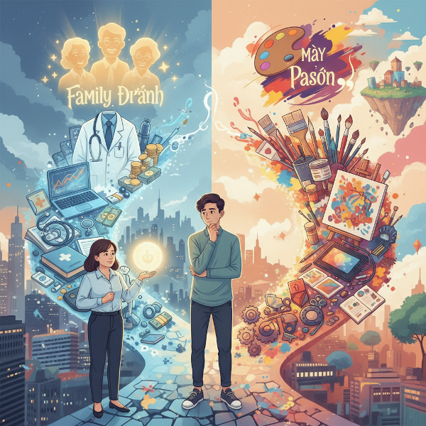 Một thanh niên đứng trước ngã rẽ giữa con đường gia đình mong muốn và con đường đam mê nghệ thuật, với ánh sáng hướng dẫn từ nhà tâm lý.