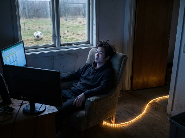 Một người đàn ông trẻ Việt Nam trong phòng tối, ngồi trước máy tính, biểu hiện sự mệt mỏi và cô lập, với một con đường ánh sáng nhỏ gợi ý về bước đầu tìm kiếm sự thay đổi.