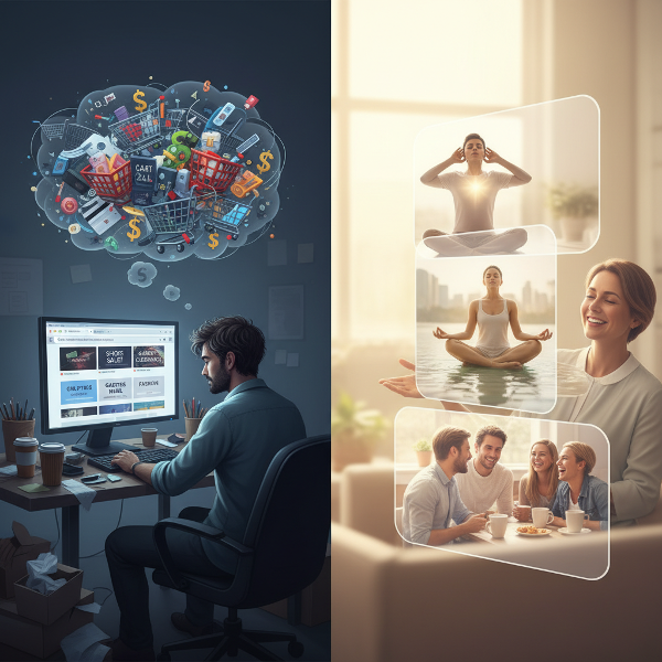 Một người đàn ông trẻ trong văn phòng đang vật lộn với cảm giác cô đơn và áp lực, dẫn đến hành vi mua sắm trực tuyến bốc đồng. Hình ảnh đối lập giữa sự hỗn loạn của nghiện ngập và sự bình yên của các kỹ thuật quản lý căng thẳng thay thế như thiền và kết nối xã hội.