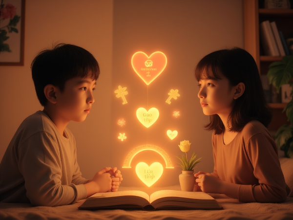 Minh, chàng trai 18 tuổi, trò chuyện với nhà tâm lý trong không gian ấm áp, với các biểu tượng về giao tiếp, kết nối và sự tôn trọng trong mối quan hệ thân mật.