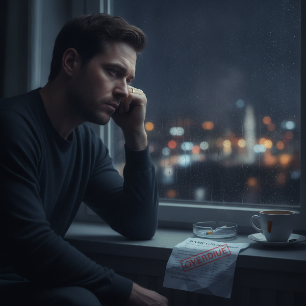 Người đàn ông trẻ ngồi một mình trong phòng tối với vẻ lo lắng, xung quanh là các hóa đơn và đồng hồ, thể hiện áp lực công việc, tài chính và khoảng cách trong hôn nhân.