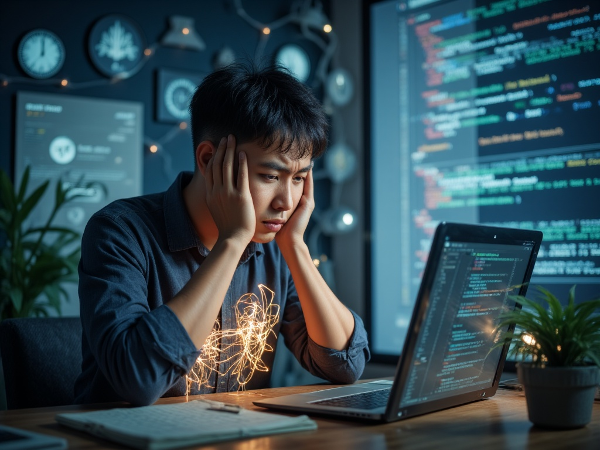 Một lập trình viên trẻ đang trải qua cơn hoảng loạn tại bàn làm việc, với những yếu tố hình ảnh thể hiện sự căng thẳng và các công cụ quản lý căng thẳng đang xuất hiện.
