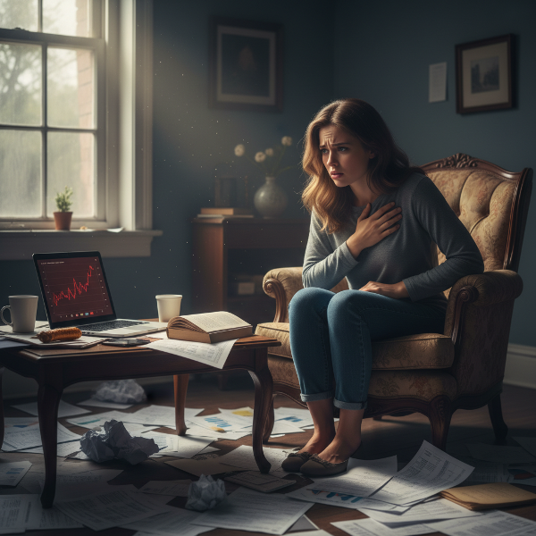 Một nhà đầu tư bất động sản trẻ đang lo âu trong phòng tối, với ánh sáng dịu nhẹ chiếu vào tượng trưng cho hy vọng và lời khuyên tâm lý.