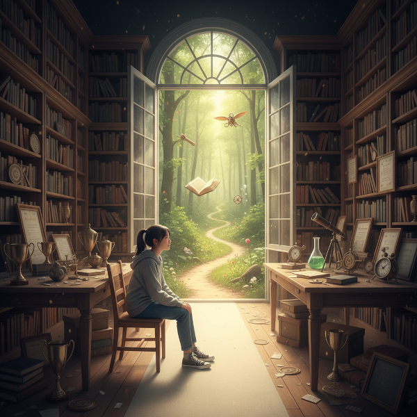 Một sinh viên trẻ trong thư viện, con đường ánh sáng dẫn từ sách vở tới khu rừng đa dạng, tượng trưng cho hành trình từ áp lực thành tích đến khám phá bản thân.