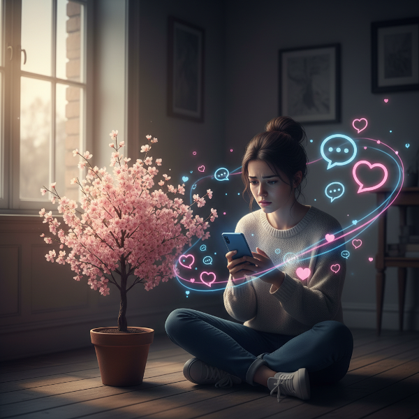 Một phụ nữ trẻ đối mặt với nỗi lo lắng trong tình yêu, được bao quanh bởi hình ảnh tượng trưng cho hy vọng, giao tiếp và sự phát triển nội tâm.