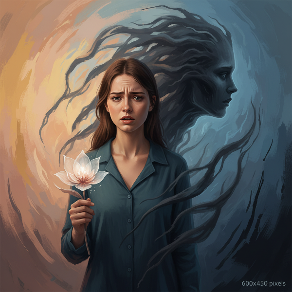 Một người phụ nữ trẻ với vẻ mặt mâu thuẫn, đứng trong căn phòng ánh sáng mờ. Một bóng đen mờ ảo, biến dạng phía sau tượng trưng cho nỗi sợ hãi và sự bối rối. Trong tay cô là một bông hoa mỏng manh, phát sáng, tượng trưng cho sự nhạy cảm và tình yêu.