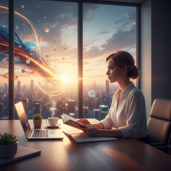 Một phụ nữ trẻ suy tư trong văn phòng, chiều tà, đang tìm kiếm ý nghĩa và hướng đi trong cuộc sống mới sau đại học.