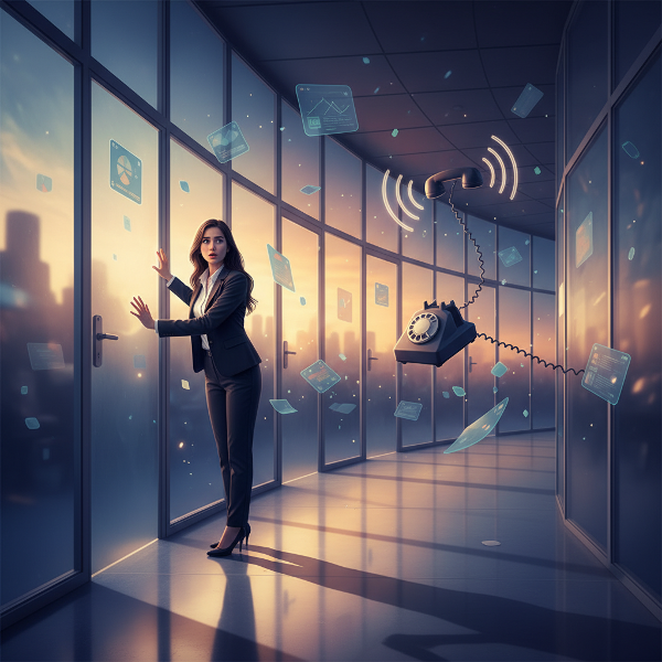 Một phụ nữ trẻ trong giấc mơ văn phòng hiện đại, cảm thấy bế tắc và lo âu về tương lai, với ánh sáng dịu nhẹ thể hiện hy vọng.