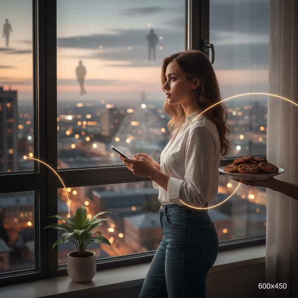 Một phụ nữ trẻ đứng trước cửa sổ căn hộ mới, nhìn ra thành phố lạ, với những biểu tượng nhẹ nhàng về sự kết nối và hy vọng đang nảy mầm.