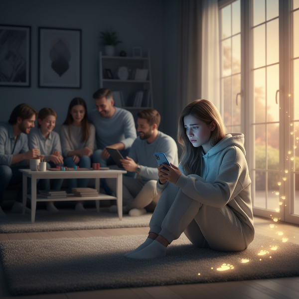 Một cô gái trẻ cảm thấy cô đơn trong phòng, nhìn điện thoại với vẻ lo âu, bên ngoài cửa sổ là ánh sáng ấm áp tượng trưng cho sự kết nối thực sự.