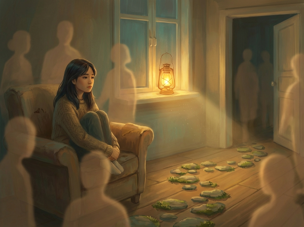 Một phụ nữ trẻ Việt Nam đang suy tư trong căn phòng ấm áp, với ánh sáng dịu dàng chiếu rọi lối đi phía trước, tượng trưng cho hành trình chấp nhận sự không hoàn hảo và xây dựng lại sự tự tin.